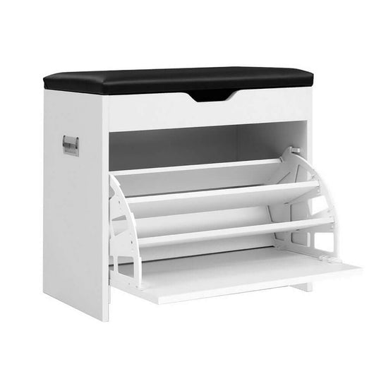 Artiss Shoe Rack Cabinet Bench in white with PU leather top, featuring 3-tier shoe storage for 15 pairs, combining luxury and functionality.