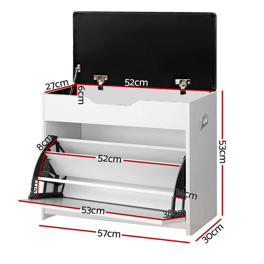 Artiss Shoe Rack Cabinet Bench dimensions showing exterior and interior measurements for shoe storage and seating.