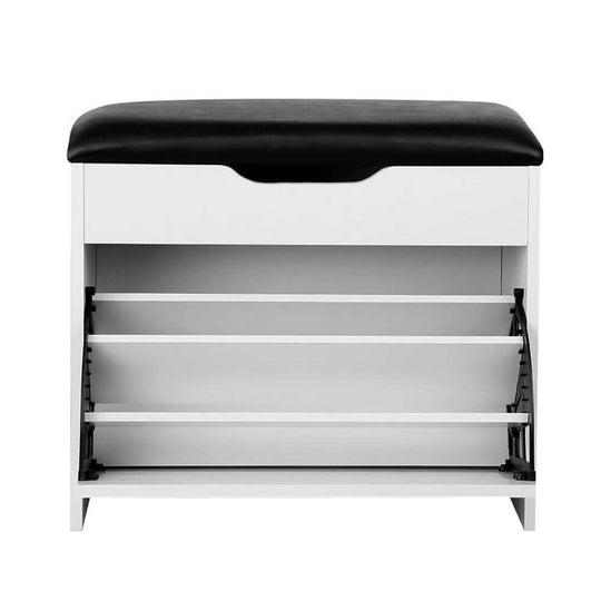 Artiss Shoe Rack Cabinet Bench in white with black PU leather top, featuring 3 tiers for 15 pairs of shoes, affordable luxury.