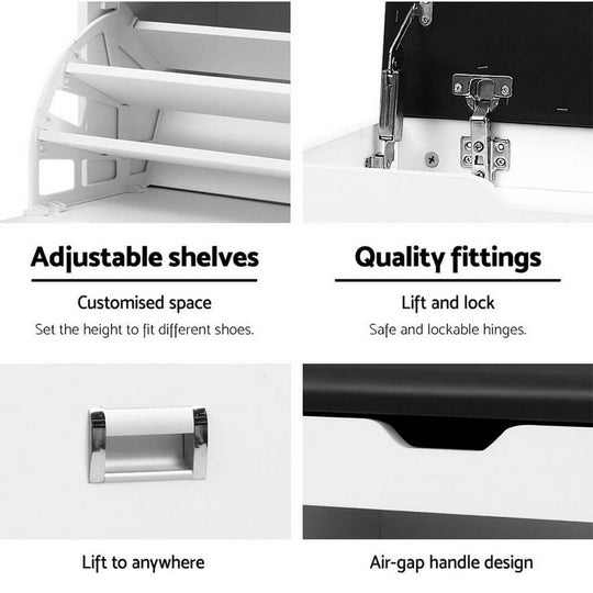 Adjustable shelves and quality fittings of Artiss Shoe Rack Cabinet, showcasing custom space and safe lockable hinges.