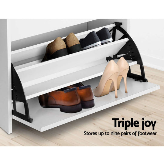 Triple joy shoe rack storing up to nine pairs of footwear, featuring a modern design and versatile storage options.