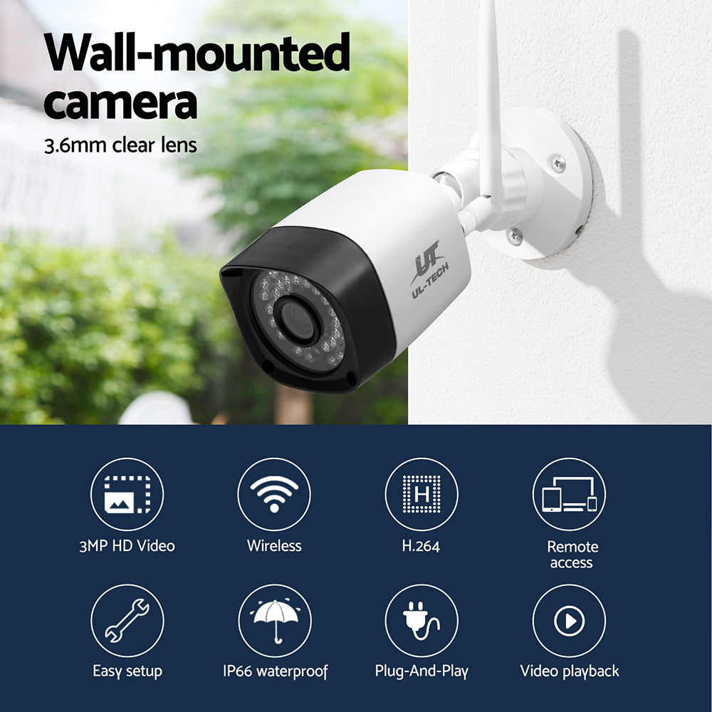 UL-tech 3MP wireless CCTV camera wall-mounted, showcasing easy setup, IP66 waterproof, plug-and-play, and remote access features