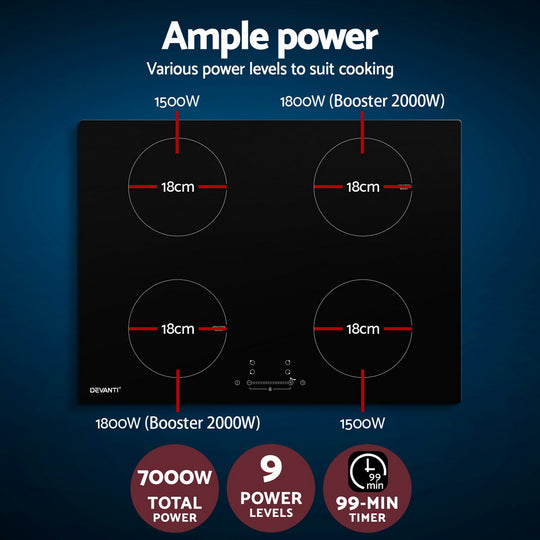 Devanti 電磁爐 70 公分陶瓷 4 區爐灶台熱板 7000 瓦