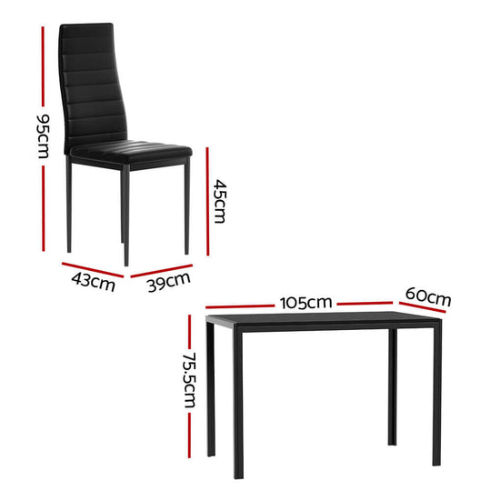 Dimensions of Artiss Dining Chairs and Table Set, 4 Chairs and 1 Table, Black - Chair: 95cm x 43cm x 39cm, Table: 105cm x 60cm x 75.5cm