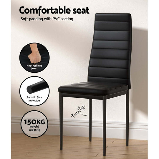 Artiss dining chair with black PVC seating, high resilient foam, anti-slip floor protectors, metal legs, and 150kg weight capacity.