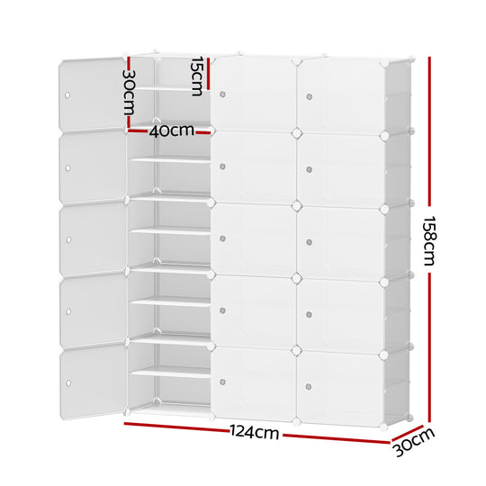 Artiss DIY shoe rack storage cabinet with 15 stackable cubes, dimensions 124x30x158 cm, eco-friendly design.