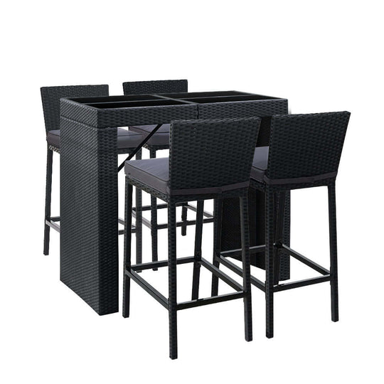 Gardeon 5-piece outdoor bar set with wicker design, featuring a dining table and bar stools for a stylish patio setting.