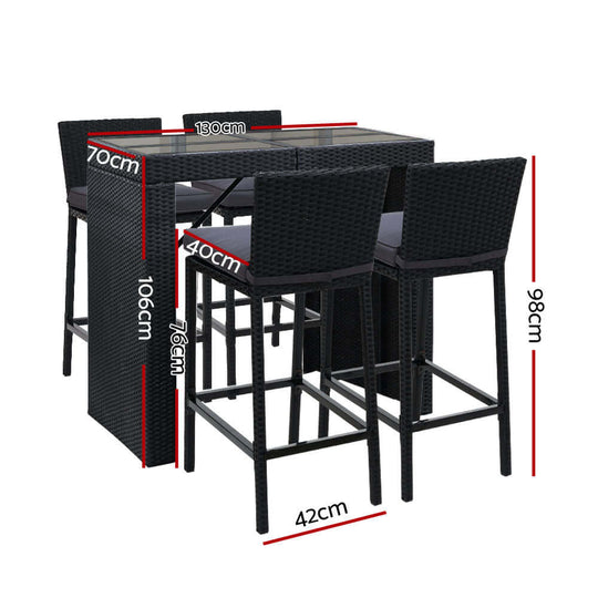 Gardeon 5-piece outdoor bar set with dimensions, featuring sleek wicker table and stools, perfect for patio gatherings.