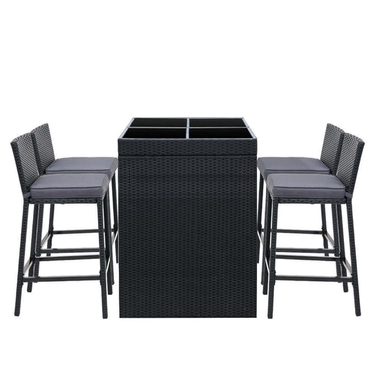 Gardeon 5-piece outdoor bar set with wicker design, including high stools and a stylish table, perfect for backyard dining.