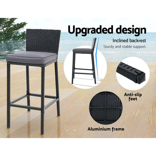 Gardeon outdoor bar stool featuring upgraded design, inclined backrest, anti-slip feet, and aluminum frame for quality support.