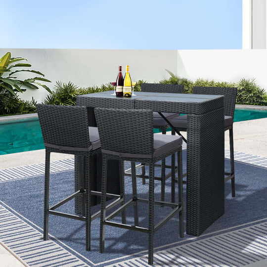 Gardeon 5-piece outdoor bar set featuring stylish wicker table and stools, perfect for backyard dining and socializing.