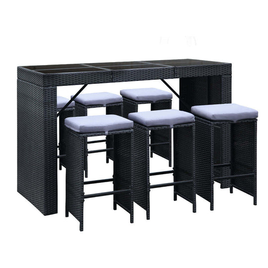 Gardeon 7-piece outdoor bar set with black wicker table and stools, perfect for affordable patio dining.