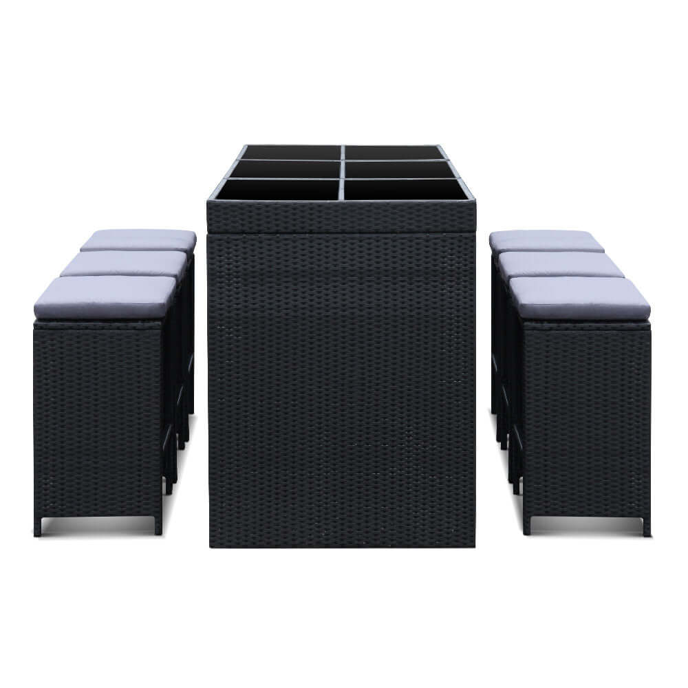 Gardeon 7-piece outdoor bar set in black wicker with comfortable stools, perfect for affordable luxurious patio dining.