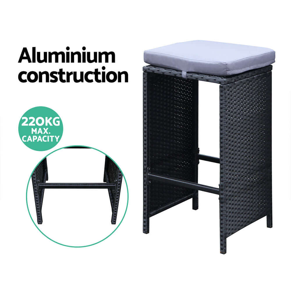 Aluminium construction bar stool with cushion and 220kg max capacity, perfect for outdoor dining settings.