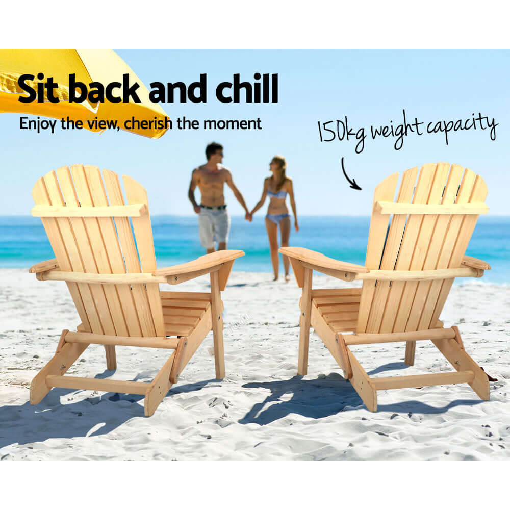 Gardeon Adirondack chairs on the beach, ideal for relaxation with 150kg capacity, perfect for affordable outdoor comfort.