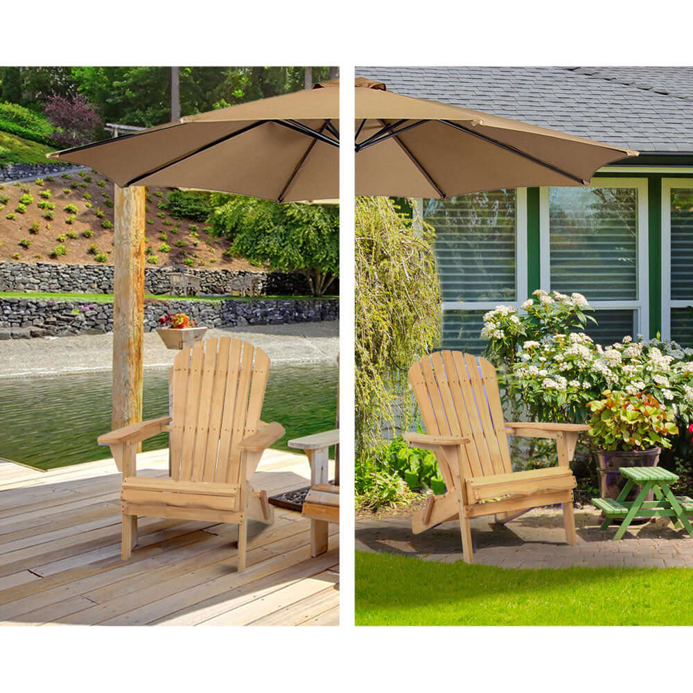 Gardeon affordable wooden Adirondack chairs in outdoor settings, perfect for beach, patio, or garden relaxation.