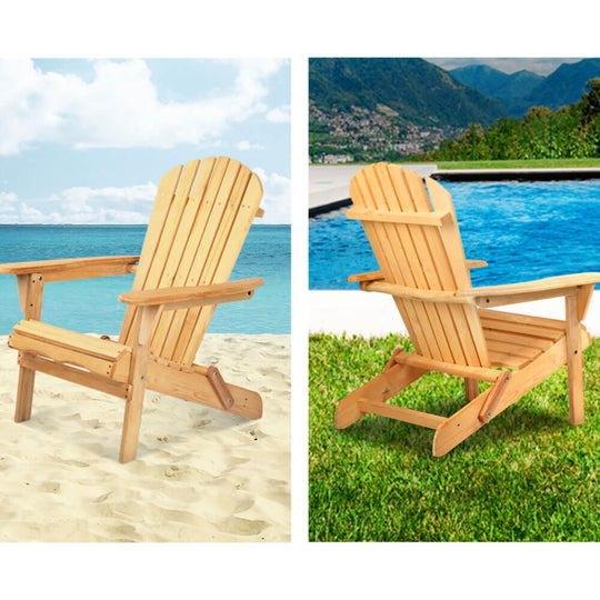 Gardeon Adirondack chairs in natural wood, perfect for beach, backyard, or patio. Affordable outdoor furniture for relaxation.