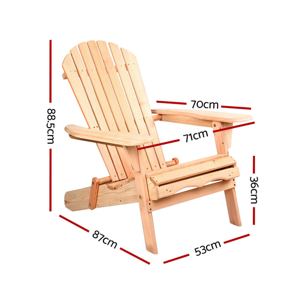 Gardeon Adirondack chair dimensions: 885.5cm height, 70cm width, 71cm seat depth, perfect for outdoor relaxation.