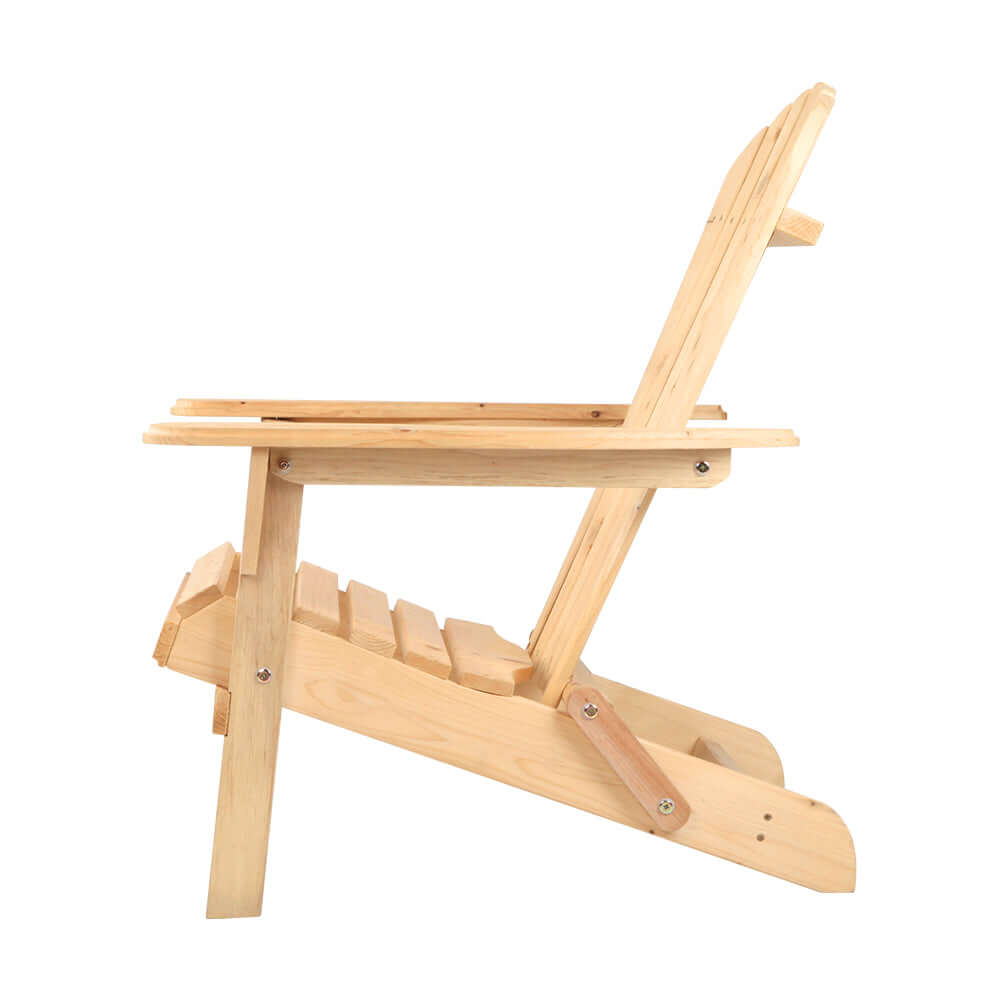 Side view of affordable Gardeon Adirondack chair, showcasing natural fir wood design for DIY outdoor relaxation.