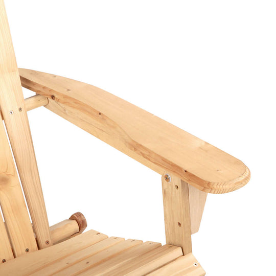 Close-up of Gardeon Adirondack chair armrest, showcasing its natural wood finish and wide design for comfort.