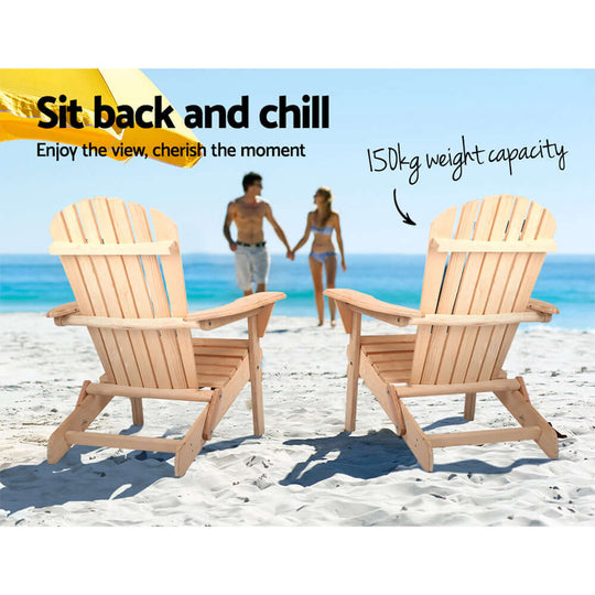 Gardeon Adirondack chairs on beach, perfect for relaxing outdoors with 150kg weight capacity, affordable and quality patio furniture.