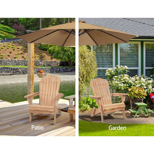 Gardeon Adirondack outdoor chairs in patio and garden settings, showcasing quality, affordable design for summer relaxation.