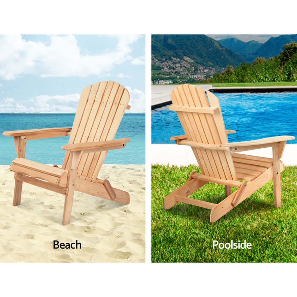 Gardeon Adirondack chairs on beach and poolside, showcasing affordable outdoor furniture for a relaxed ambiance.