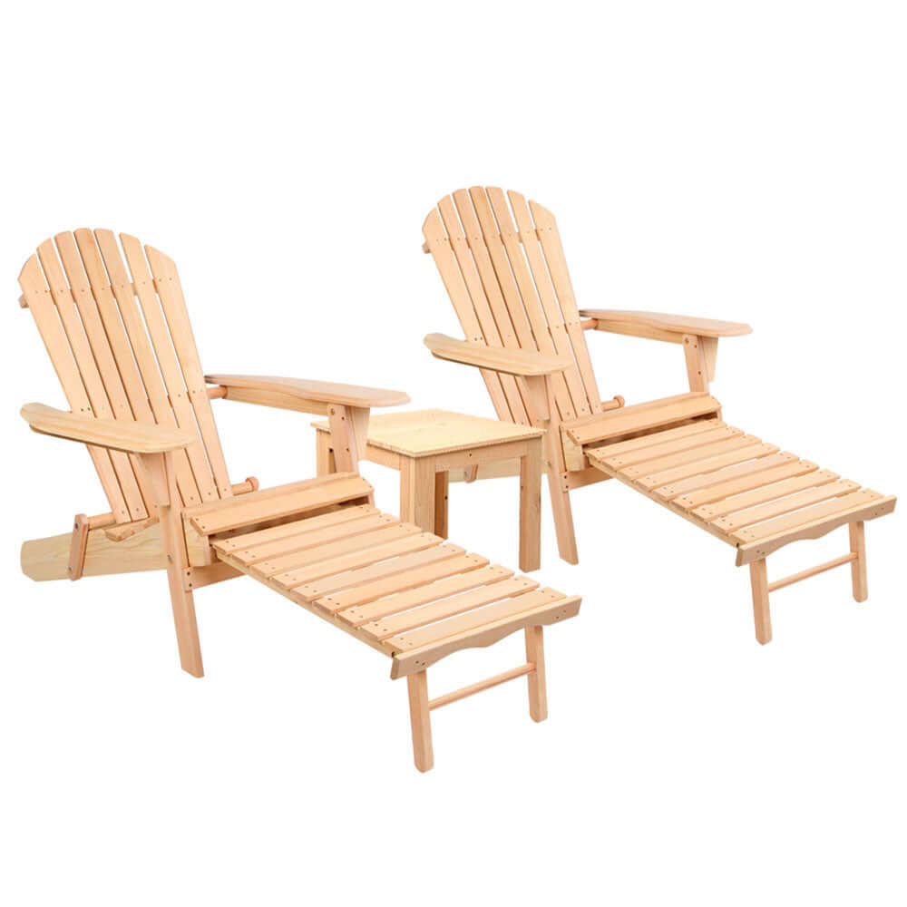 Gardeon 3PC Adirondack outdoor chair and table set, natural wood, perfect for DIY patios or beach lounging.