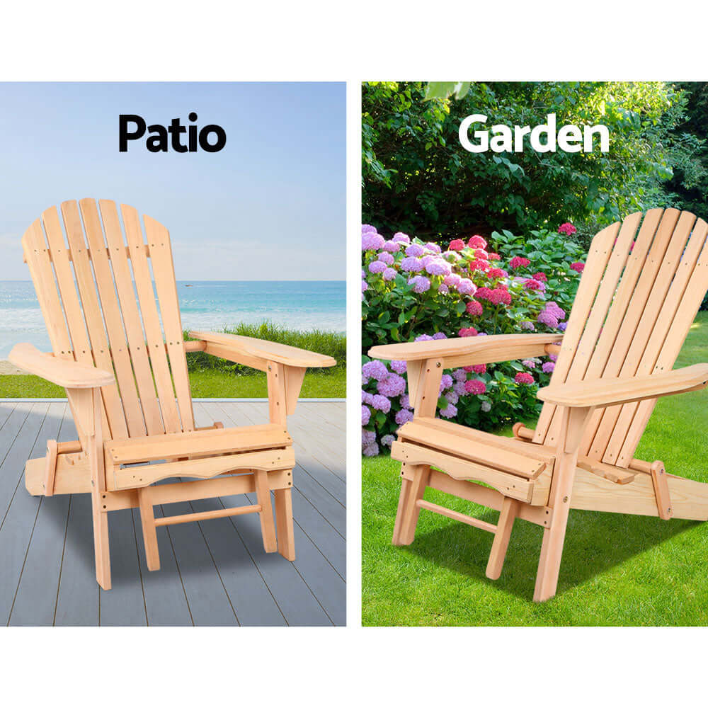 Gardeon 3PC Adirondack outdoor table and chairs set in natural wood, perfect for patio or garden relaxation.