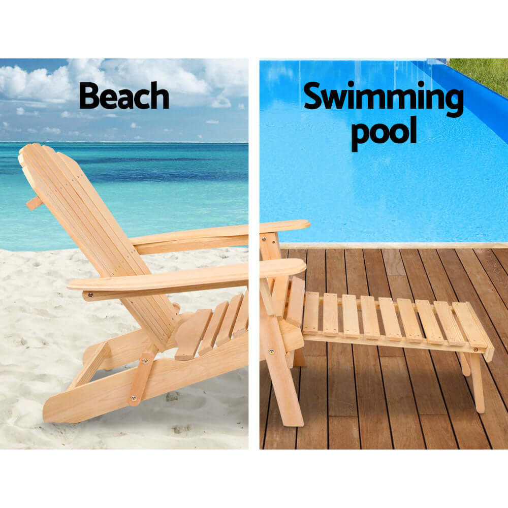 Gardeon Adirondack chair displayed at the beach and beside a swimming pool, showcasing versatile outdoor use.