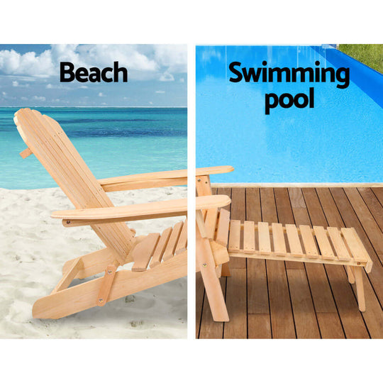 Gardeon Adirondack chair displayed at the beach and beside a swimming pool, showcasing versatile outdoor use.