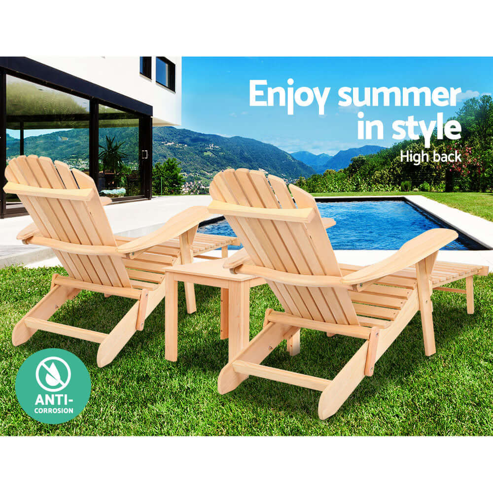 Gardeon 3PC Adirondack Chairs and Table Set by poolside, ideal for affordable summer relaxation in style.