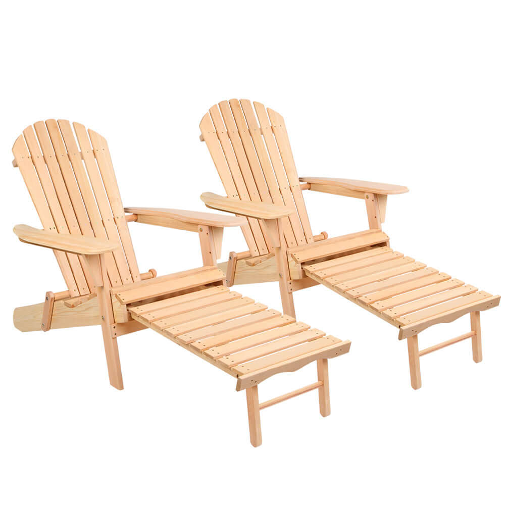 Gardeon 2PC Adirondack Outdoor Chairs with ottomans, natural wooden design for quality relaxation in garden or patio settings.