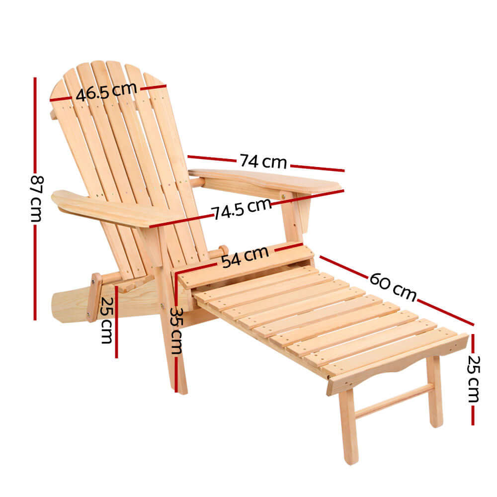 Gardeon Adirondack Chair with Ottoman dimensions showing height 87cm, width 74.5cm, length 60cm for DIY patio furniture.