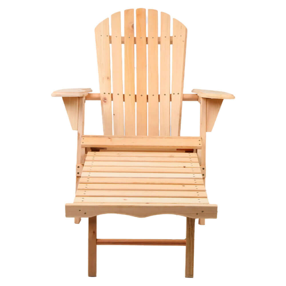 Gardeon natural wood Adirondack chair with ottoman for outdoor relaxation, budget-friendly and stylish patio furniture.