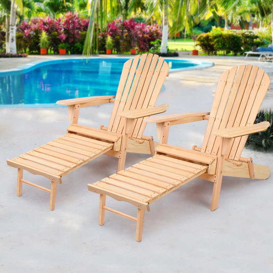 Gardeon 2PC Adirondack chairs and ottoman set in natural wood, perfect for outdoor patio relaxation by the pool.