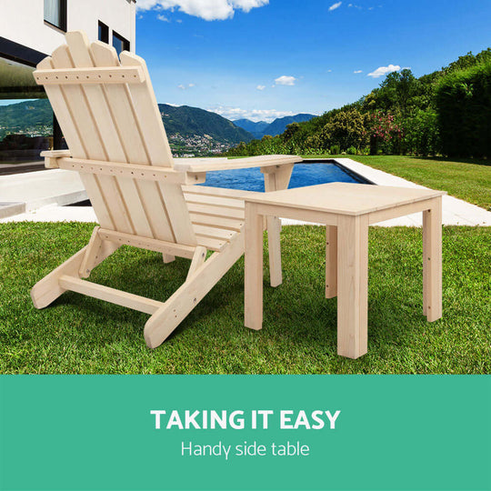 Gardeon wooden side table next to lounge chair outdoors, perfect for drinks and relaxation in any space.