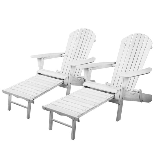 Gardeon 2PC white Adirondack chairs with footstools for relaxing in the backyard or patio, affordable and quality outdoor furniture.