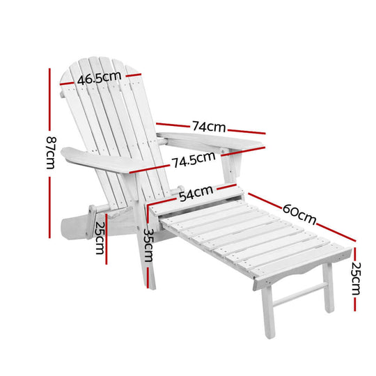 Dimensions of Gardeon 2PC Adirondack Outdoor Chair and Footstool in white, ideal for affordable patio relaxation.