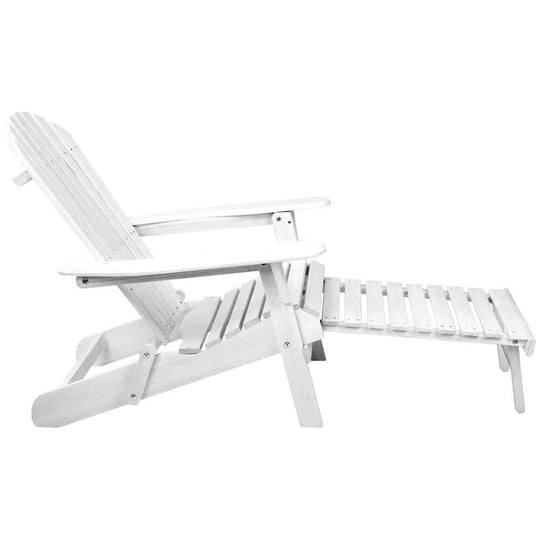 Gardeon white Adirondack outdoor chair with foldable footstool for relaxing in the patio or backyard.