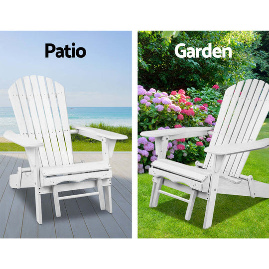 Gardeon Adirondack chairs shown in patio and garden settings, highlighting versatility and relaxation in outdoor furniture.