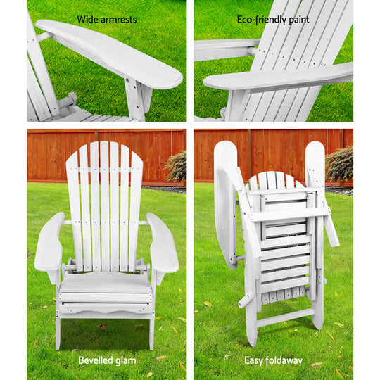 Gardeon 2PC Adirondack Chair set showcasing wide armrests, eco-friendly paint, and easy foldable design in a backyard setting.