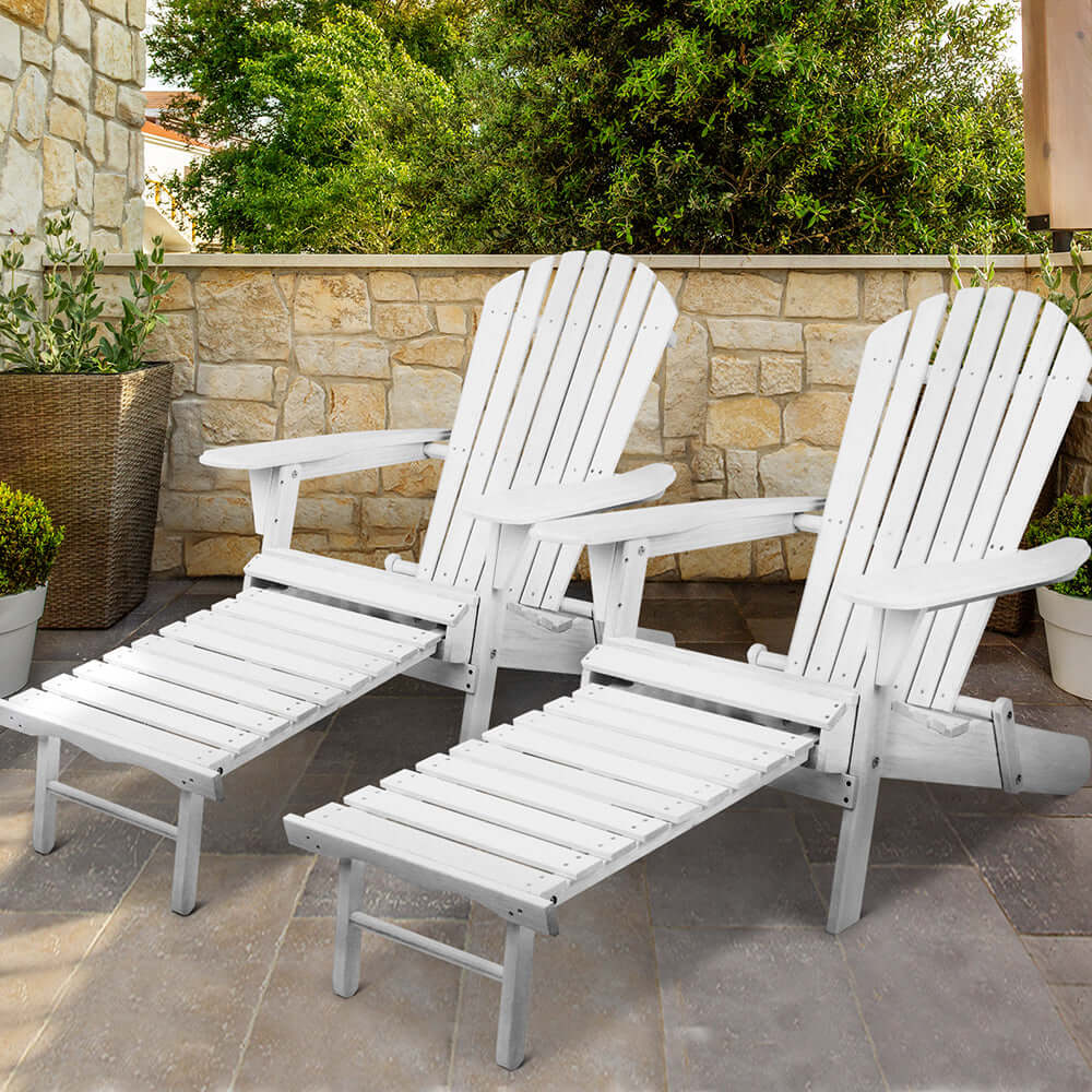 Gardeon white Adirondack chairs and footstools set for outdoor lounge, affordable and quality patio furniture.