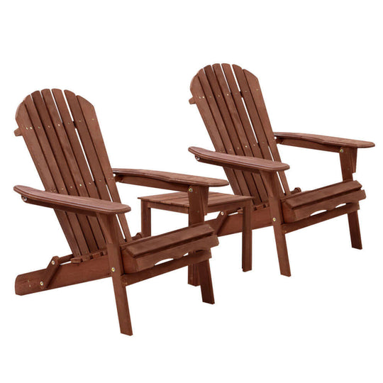 Affordable Gardeon 3PC Adirondack outdoor chairs and table set in brown for relaxing beach or patio use.