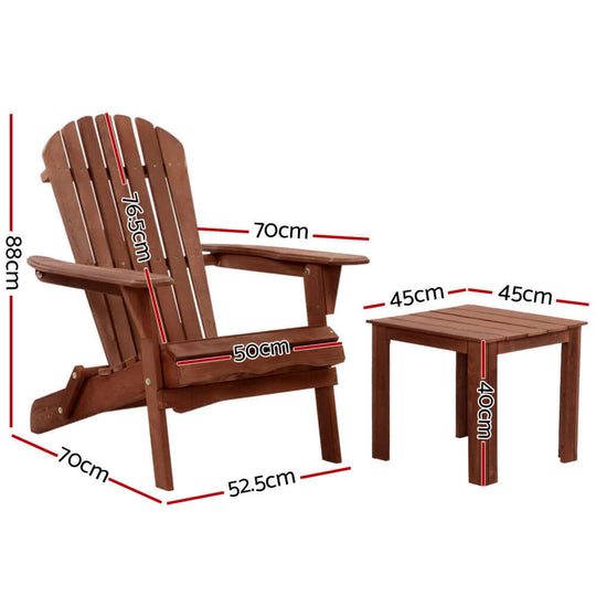 Gardeon 3PC Adirondack set with dimensions; sturdy brown foldable chairs and table for outdoor relaxation, affordable quality.