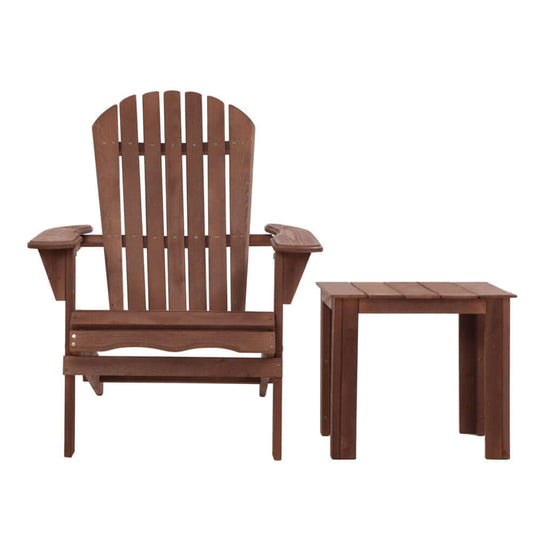 Gardeon 3PC Adirondack outdoor table and chair set in brown, perfect for affordable patio relaxation.