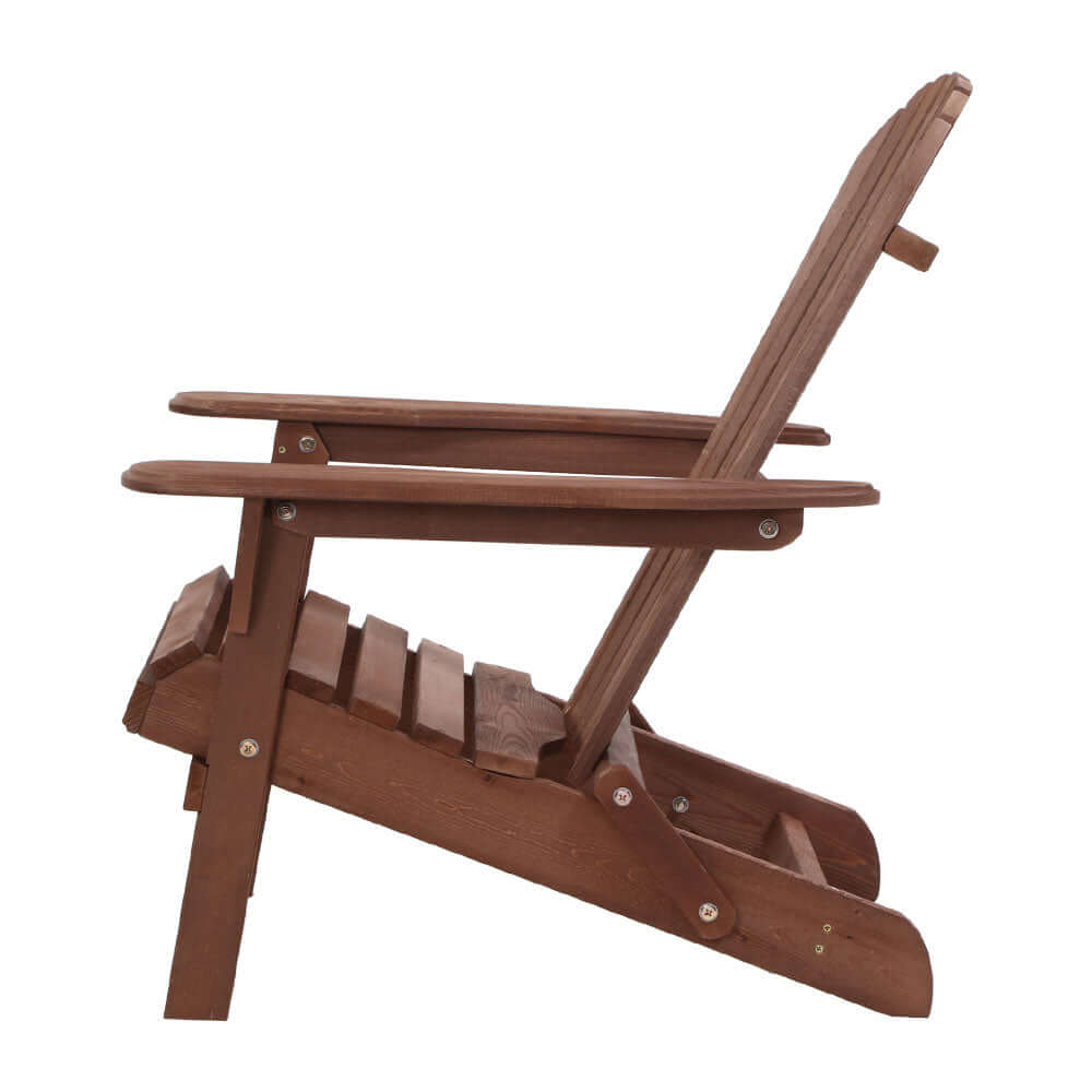 Side view of Gardeon Adirondack wooden chair, showcasing its foldable design and sturdy construction in brown.