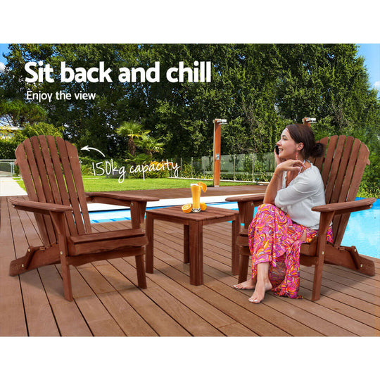 Gardeon brown Adirondack outdoor foldable chairs and table set by poolside, perfect for relaxing and enjoying the view.