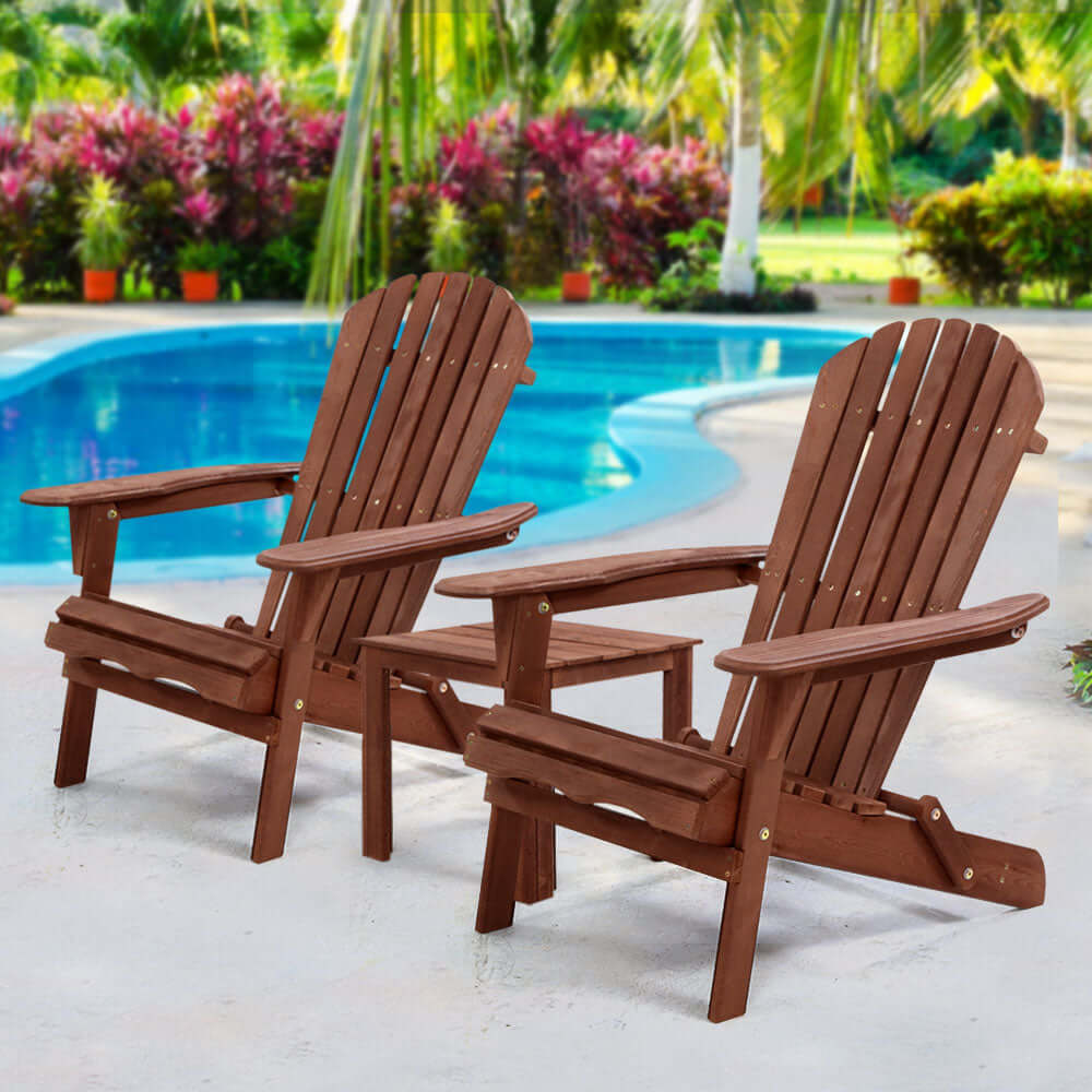 Gardeon affordable brown Adirondack outdoor chairs by pool, perfect for relaxing in backyard or beach settings.