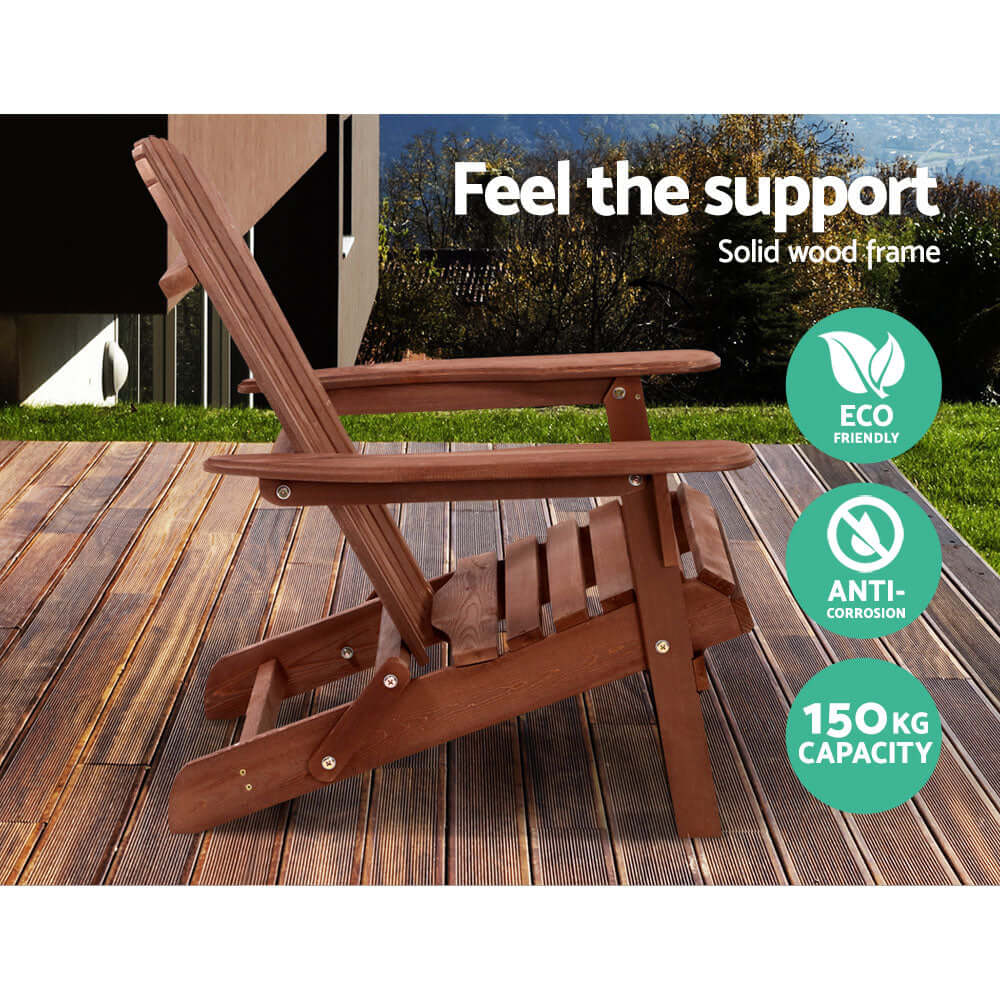 Gardeon Adirondack chair showcasing solid wood frame, eco-friendly design, and 150kg capacity for ultimate outdoor relaxation.